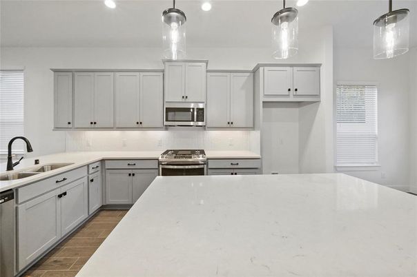 Interior, Kitchen, Pendant Lights, Recessed Lighting, Wood Texture Flooring