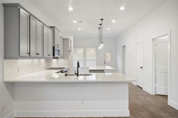 Interior, Kitchen, Pendant Lights, Recessed Lighting, Wood Texture Flooring