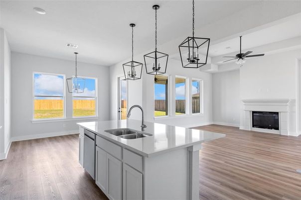 Fireplace, Interior, Kitchen, Pendant Lights, Recessed Lighting, Wood Texture Flooring