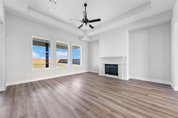 Empty room, Fireplace, Interior, Recessed Lighting, Wood Texture Flooring