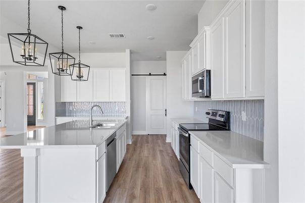 Interior, Kitchen, Pendant Lights, Recessed Lighting, Stainless Steel Appliances, Wood Texture Flooring