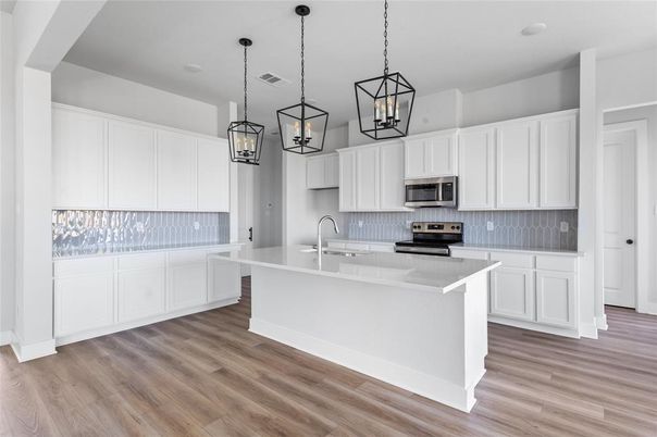 Interior, Kitchen, Pendant Lights, Stainless Steel Appliances, Wood Texture Flooring