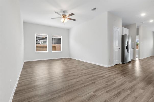 Empty room, Interior, Kitchen, Recessed Lighting, Wood Texture Flooring