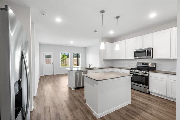 Interior, Kitchen, Pendant Lights, Recessed Lighting, Stainless Steel Appliances, Wood Texture Flooring