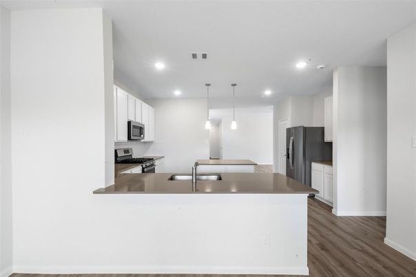 Interior, Kitchen, Pendant Lights, Recessed Lighting, Stainless Steel Appliances, Wood Texture Flooring