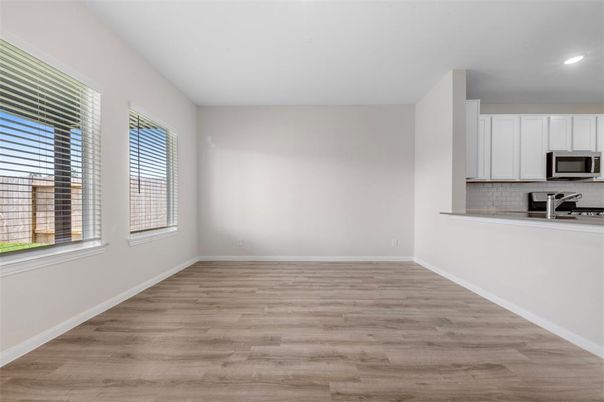 Empty room, Interior, Kitchen, Recessed Lighting, Wood Texture Flooring