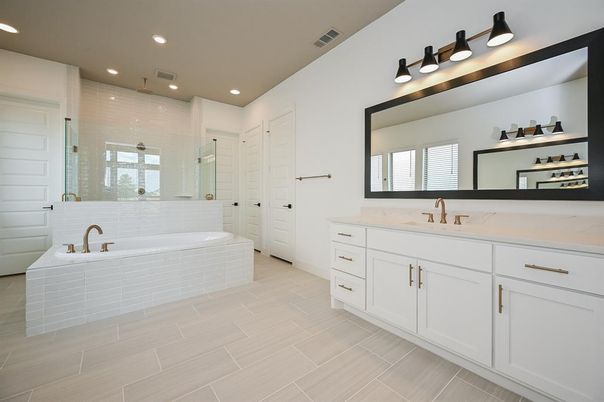 Bathroom, Dual Sink Vanities, Glass Shower, Interior, Recessed Lighting