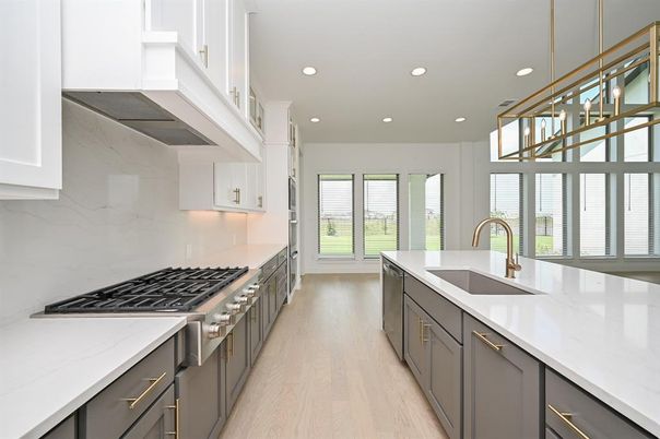 Interior, Kitchen, Marble Walls, Recessed Lighting, Wood Texture Flooring