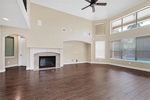 Empty room, Fireplace, Interior, Recessed Lighting, Wood Texture Flooring