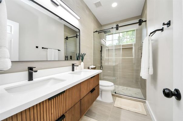 Bathroom, Dual Sink Vanities, Glass Shower, Interior, Recessed Lighting