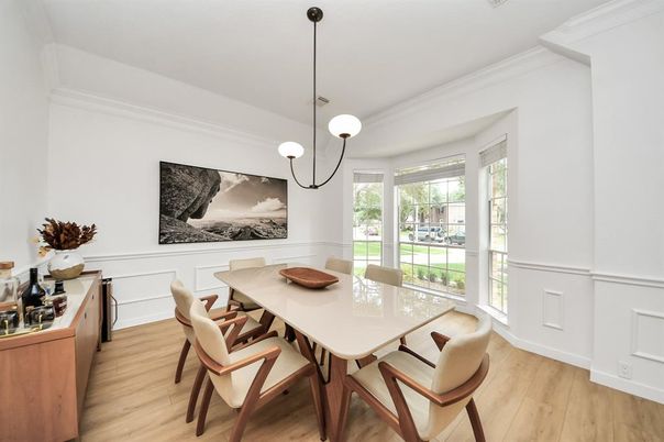 Dining room, Interior, Pendant Lights, Wood Texture Flooring