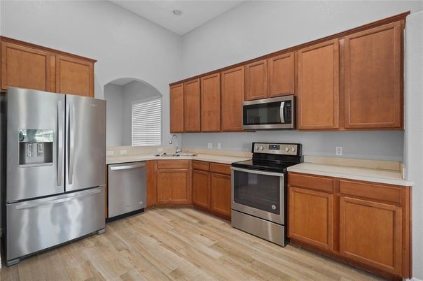 Interior, Kitchen, Stainless Steel Appliances, Wood Texture Flooring