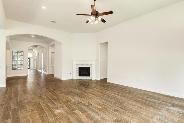 Empty room, Fireplace, Interior, Recessed Lighting, Wood Texture Flooring