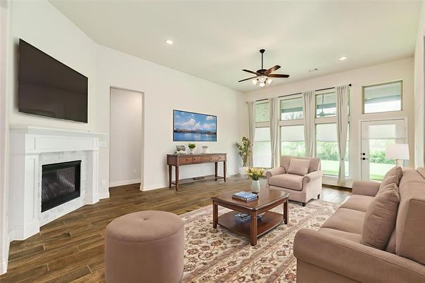 Fireplace, Interior, Living room, Recessed Lighting, Wood Texture Flooring