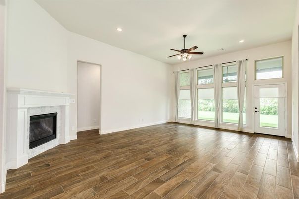 Empty room, Fireplace, Interior, Recessed Lighting, Wood Texture Flooring