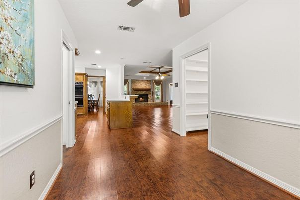 Fireplace, Interior, Pendant Lights, Recessed Lighting, Wood Texture Flooring