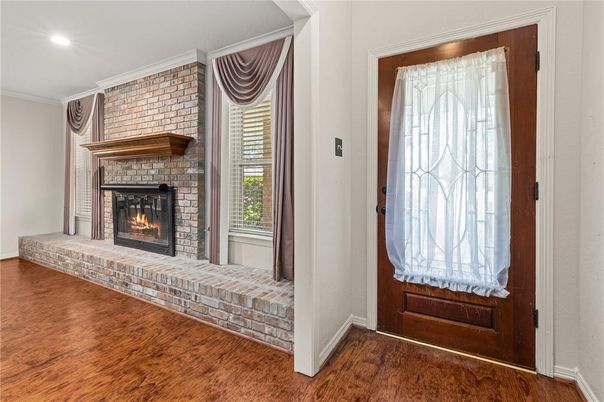 Fireplace, Interior, Recessed Lighting, Stone Walls, Wood Texture Flooring