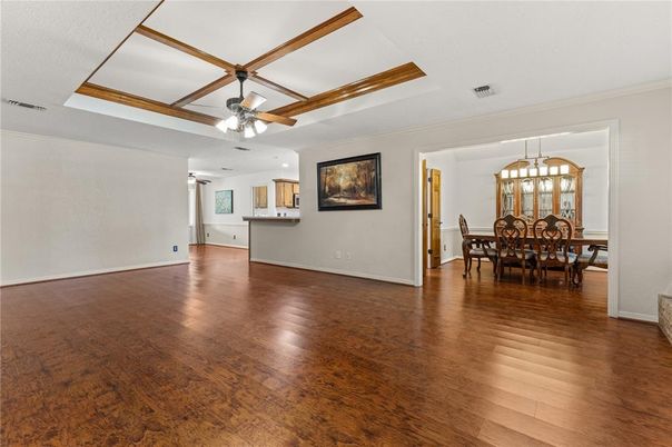 Dining room, Interior, Pendant Lights, Wood Texture Flooring