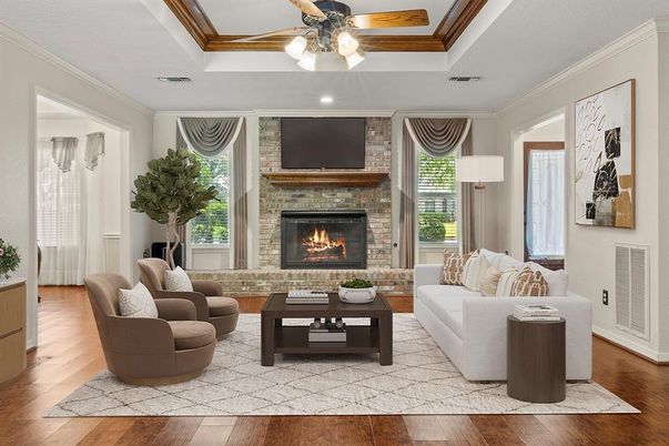 Fireplace, Interior, Living room, Recessed Lighting, Stone Walls, Wood Texture Flooring