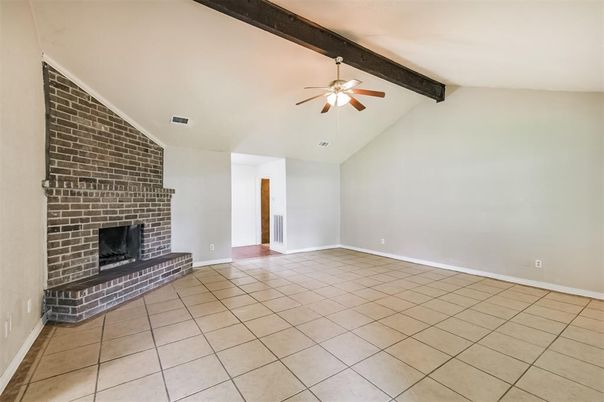 Empty room, Fireplace, Interior, Stone Walls, Wooden Beams