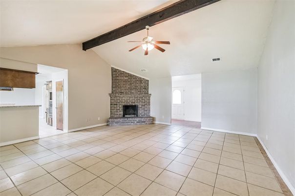 Empty room, Fireplace, Interior, Stone Walls, Wooden Beams