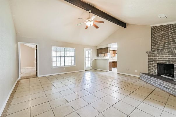 Empty room, Fireplace, Interior, Stone Walls, Wooden Beams