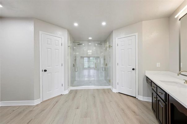 Bathroom, Glass Shower, Interior, Recessed Lighting, Wood Texture Flooring