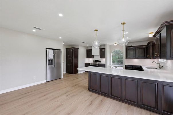 Interior, Kitchen, Pendant Lights, Recessed Lighting, Stainless Steel Appliances, Wood Texture Flooring