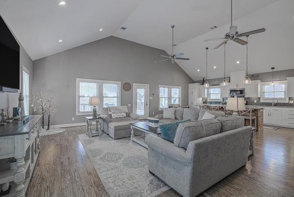 Interior, Kitchen, Living room, Pendant Lights, Recessed Lighting, Wood Texture Flooring