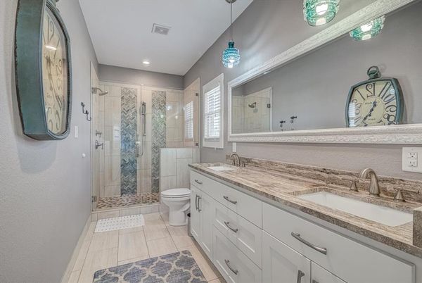 Bathroom, Dual Sink Vanities, Glass Shower, Interior, Pendant Lights, Recessed Lighting