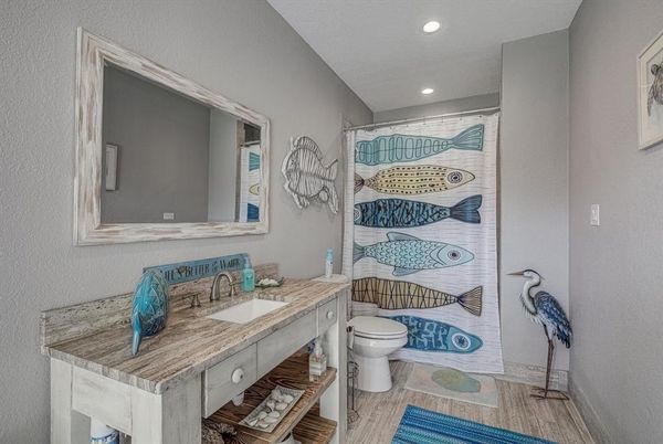 Bathroom, Interior, Recessed Lighting, Wood Texture Flooring