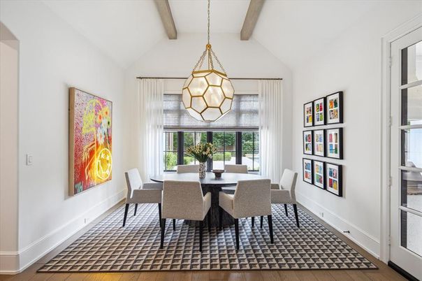 Dining room, Interior, Pendant Lights, Wooden Beams, Wood Texture Flooring