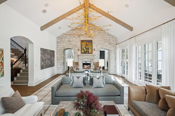 Fireplace, Interior, Living room, Stone Walls, Wooden Beams, Wood Texture Flooring