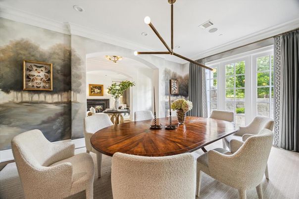Dining room, Fireplace, Interior, Pendant Lights, Recessed Lighting, Wood Texture Flooring