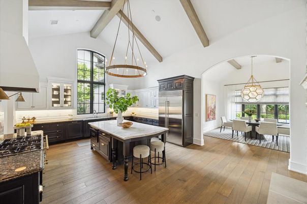Dining room, Interior, Kitchen, Pendant Lights, Stainless Steel Appliances, Wooden Beams, Wood Texture Flooring
