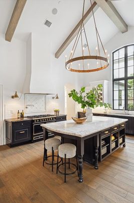 Chandelier, Interior, Kitchen, Pendant Lights, Stainless Steel Appliances, Wooden Beams, Wood Texture Flooring