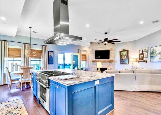 Dining room, Fireplace, Interior, Kitchen, Living room, Pendant Lights, Recessed Lighting, Stainless Steel Appliances, Stone Walls, Wood Texture Flooring