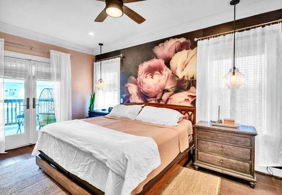 Bedroom, Interior, Pendant Lights, Recessed Lighting, Wood Texture Flooring