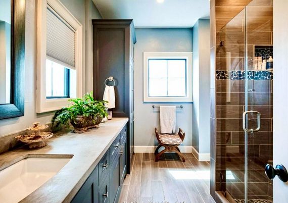 Bathroom, Glass Shower, Interior, Recessed Lighting, Wood Texture Flooring