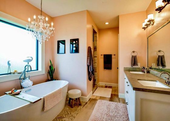 Bathroom, Chandelier, Dual Sink Vanities, Free Standing Baths, Interior, Recessed Lighting, Wood Texture Flooring