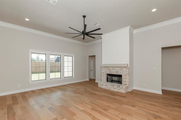 Empty room, Fireplace, Interior, Recessed Lighting, Wood Texture Flooring