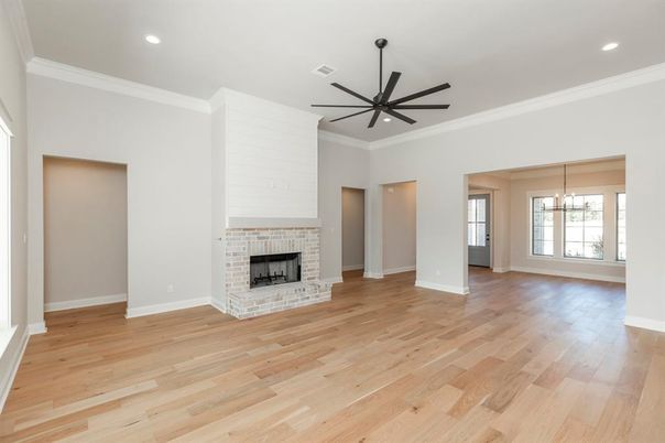 Empty room, Fireplace, Interior, Pendant Lights, Recessed Lighting, Wood Texture Flooring