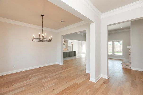 Chandelier, Empty room, Interior, Pendant Lights, Recessed Lighting, Wood Texture Flooring