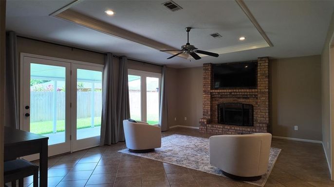 Fireplace, Interior, Recessed Lighting, Stone Walls