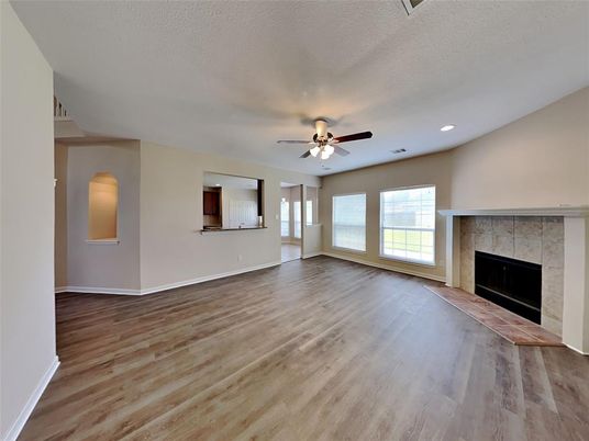 Empty room, Fireplace, Interior, Recessed Lighting, Wood Texture Flooring