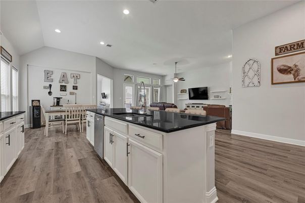 Dining room, Interior, Kitchen, Recessed Lighting, Wood Texture Flooring