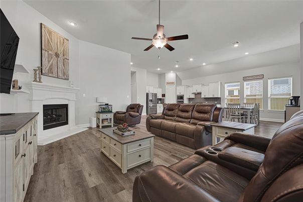 Dining room, Fireplace, Interior, Kitchen, Living room, Recessed Lighting, Wood Texture Flooring