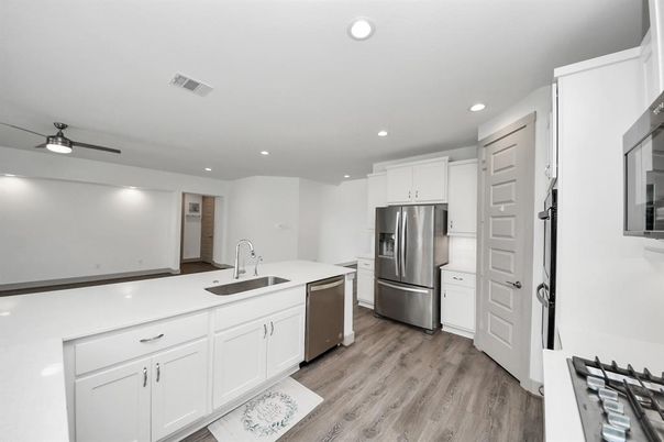 Interior, Kitchen, Recessed Lighting, Stainless Steel Appliances, Wood Texture Flooring