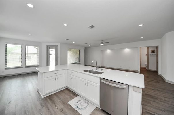Interior, Kitchen, Recessed Lighting, Wood Texture Flooring