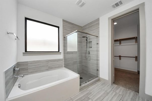 Bathroom, Glass Shower, Interior, Recessed Lighting, Wood Texture Flooring